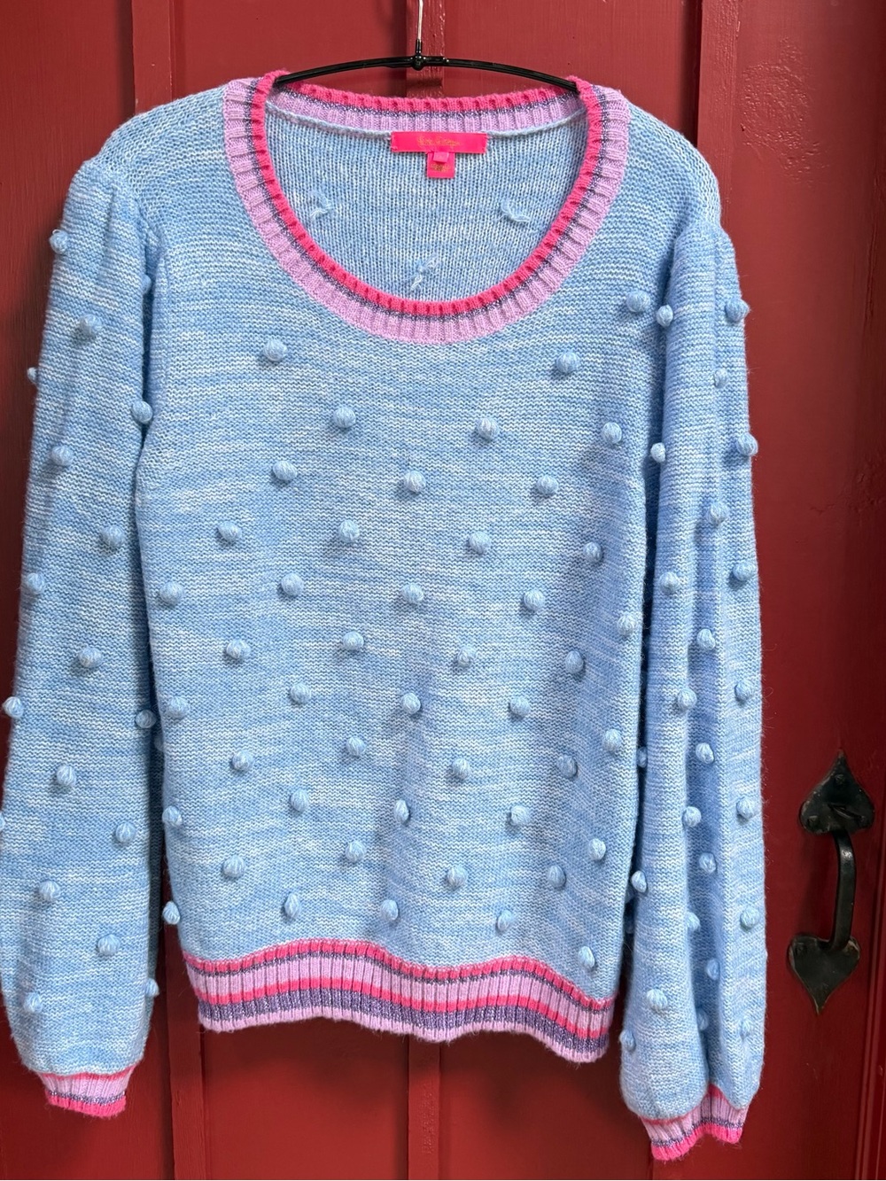 Lilly Pulitzer Powder Blue Pom-Pom Sweater with Pink Trim